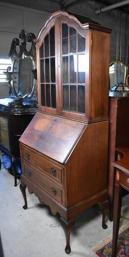 Elegant Queen Anne Style Walnut Drop Front Secretary with Book Hutch