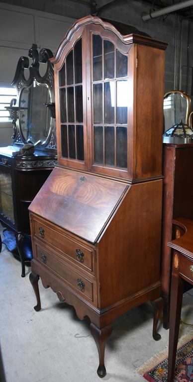 Elegant Queen Anne Style Walnut Drop Front Secretary with Book Hutch