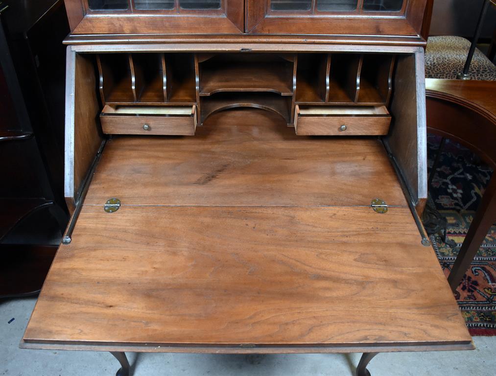 Elegant Queen Anne Style Walnut Drop Front Secretary with Book Hutch