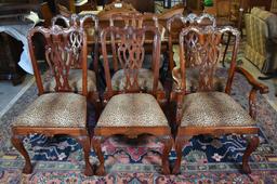 Set Six Drexel Chippendale Carved Mahogany Dining Chairs, Leopard Print Seats