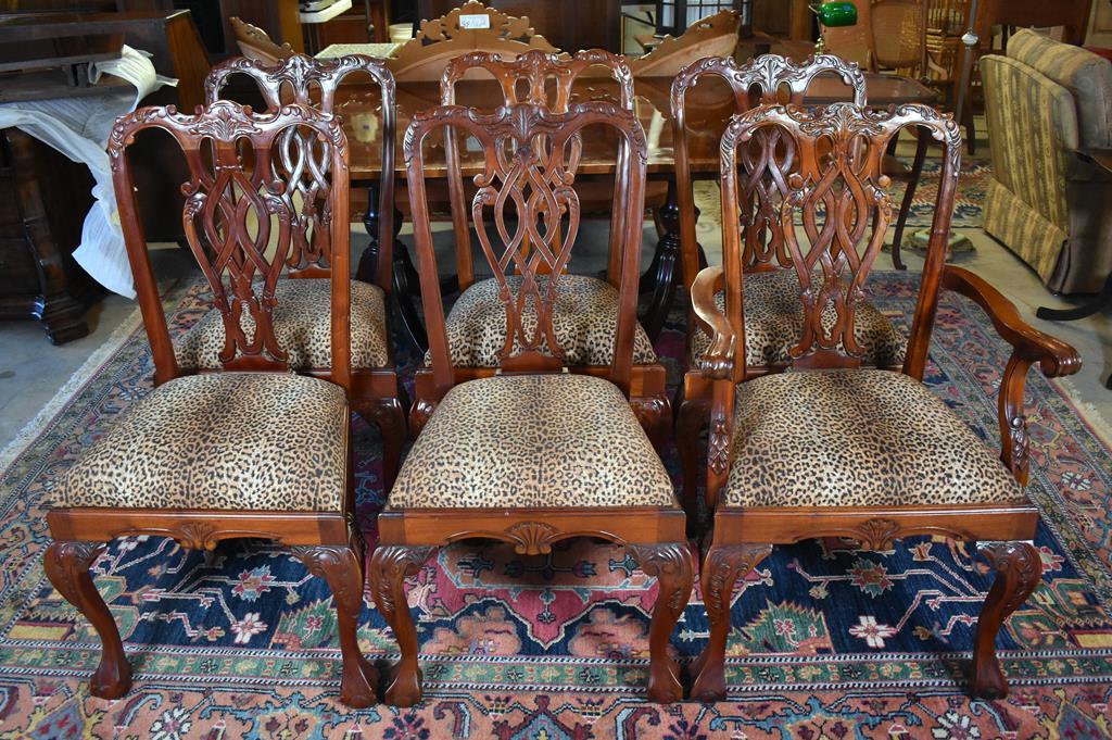 Set Six Drexel Chippendale Carved Mahogany Dining Chairs, Leopard Print Seats
