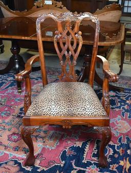 Set Six Drexel Chippendale Carved Mahogany Dining Chairs, Leopard Print Seats
