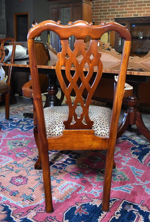 Set Six Drexel Chippendale Carved Mahogany Dining Chairs, Leopard Print Seats