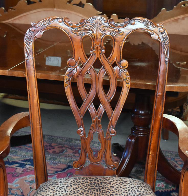 Set Six Drexel Chippendale Carved Mahogany Dining Chairs, Leopard Print Seats