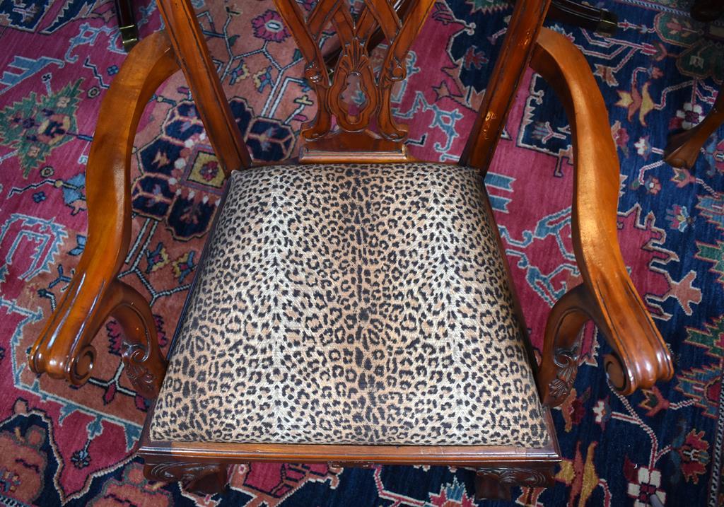 Set Six Drexel Chippendale Carved Mahogany Dining Chairs, Leopard Print Seats