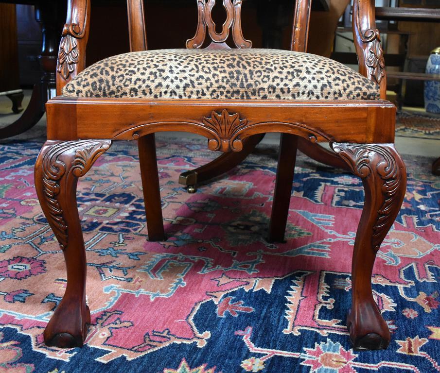 Set Six Drexel Chippendale Carved Mahogany Dining Chairs, Leopard Print Seats
