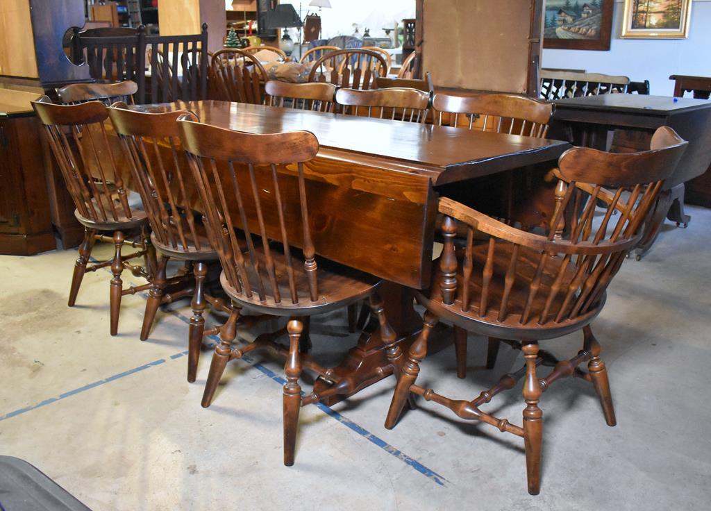 Vintage Dark Stained Knotty Pine Drop Leaf Trestle Dining Table