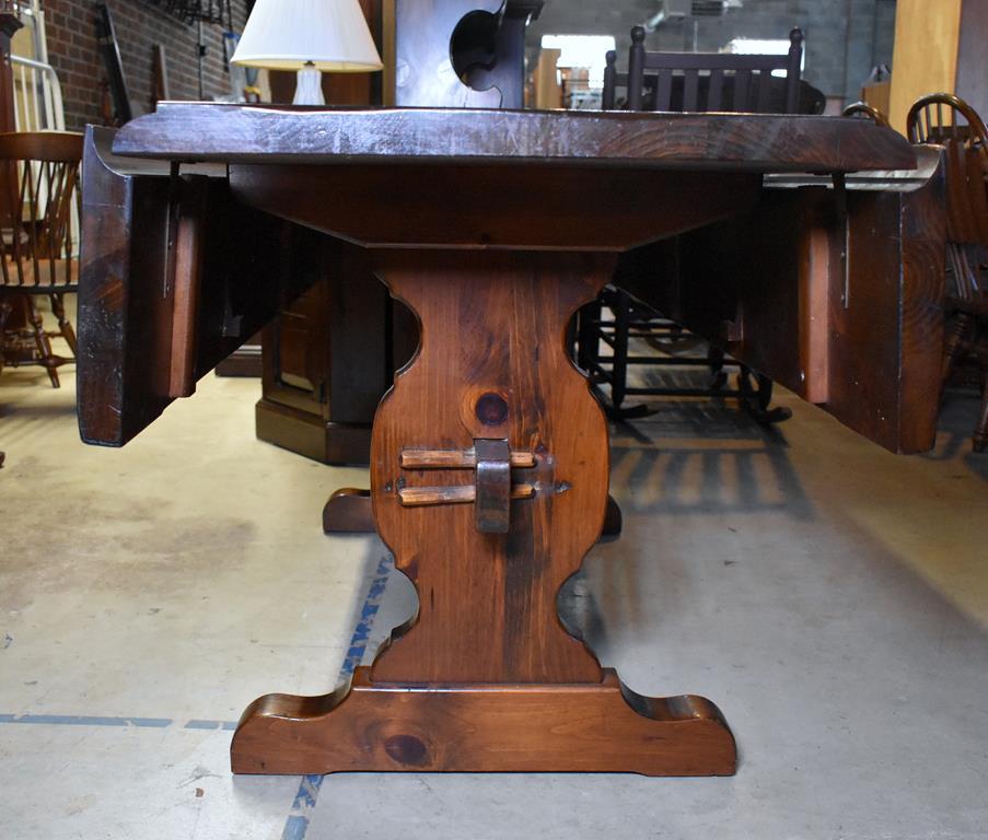 Vintage Dark Stained Knotty Pine Drop Leaf Trestle Dining Table