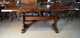 Vintage Dark Stained Knotty Pine Drop Leaf Trestle Dining Table