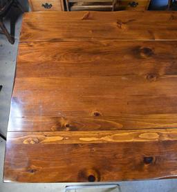 Vintage Dark Stained Knotty Pine Drop Leaf Trestle Dining Table