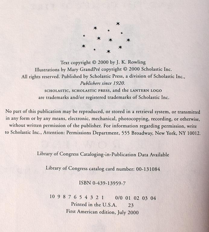 1st Amer. Ed. “Harry Potter & the Goblet of Fire” by J. K. Rowling w/ Dust Jacket II, 2000