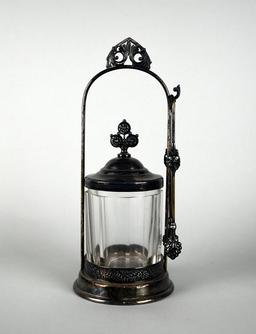 Antique Silver Plate Pickle Castor Jar Frame with Tongs and Glass Jar