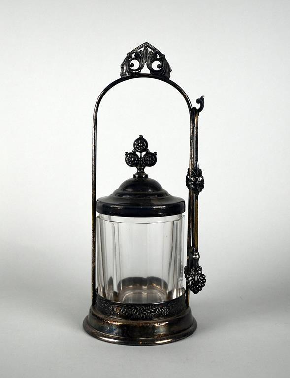 Antique Silver Plate Pickle Castor Jar Frame with Tongs and Glass Jar