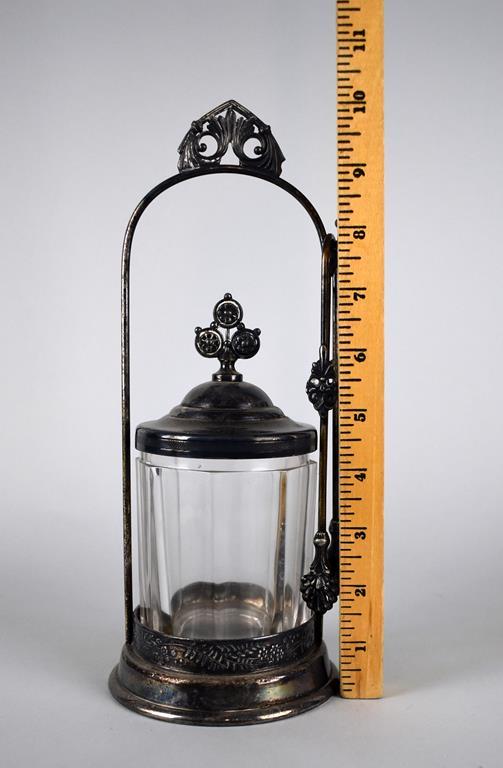 Antique Silver Plate Pickle Castor Jar Frame with Tongs and Glass Jar