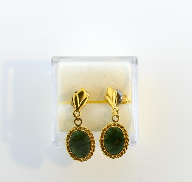 14K Gold and Jade Oval Disk Earrings
