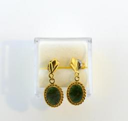 14K Gold and Jade Oval Disk Earrings