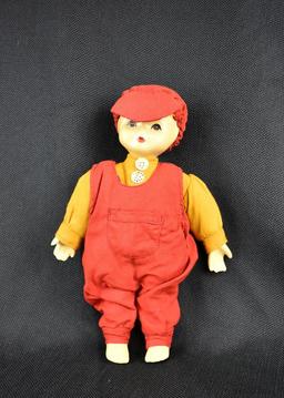 Vintage Hubao 10” Doll in Overalls & Cap