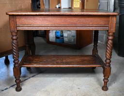 Antique Oak Library Table / Small Desk with Barley Twist Legs