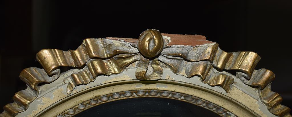Fine Early 20th C. Hand Made Enameled Wood Vanity with Triptych Oval Mirrors, Green Stone Inlaid Top