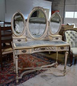 Fine Early 20th C. Hand Made Enameled Wood Vanity with Triptych Oval Mirrors, Green Stone Inlaid Top