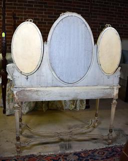 Fine Early 20th C. Hand Made Enameled Wood Vanity with Triptych Oval Mirrors, Green Stone Inlaid Top