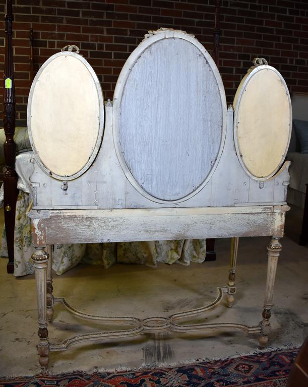 Fine Early 20th C. Hand Made Enameled Wood Vanity with Triptych Oval Mirrors, Green Stone Inlaid Top