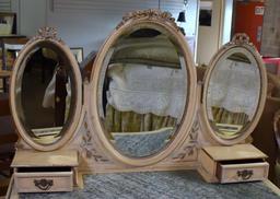 Fine Early 20th C. Hand Made Enameled Wood Vanity with Triptych Oval Mirrors, Green Stone Inlaid Top