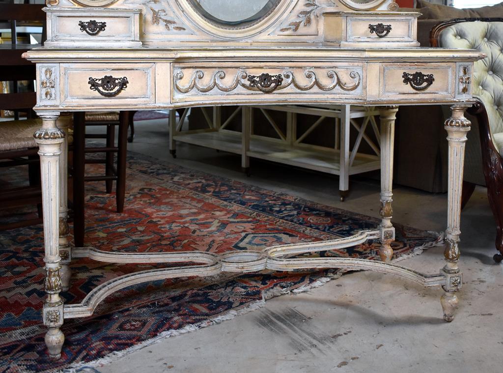 Fine Early 20th C. Hand Made Enameled Wood Vanity with Triptych Oval Mirrors, Green Stone Inlaid Top