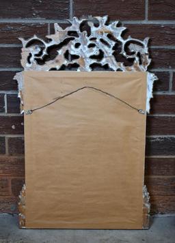 Neutral White-Washed Wood 3' Wall Mirror with Fancy Bird Motif Pediment