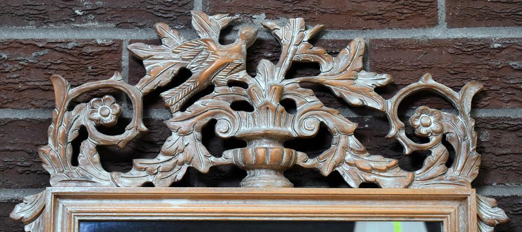 Neutral White-Washed Wood 3' Wall Mirror with Fancy Bird Motif Pediment