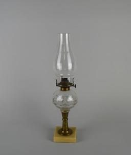 Antique Clear Glass Oil Font Lamp with Brass Column & Stone Base