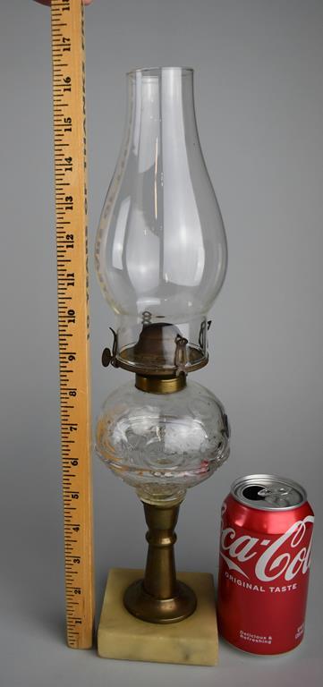 Antique Clear Glass Oil Font Lamp with Brass Column & Stone Base