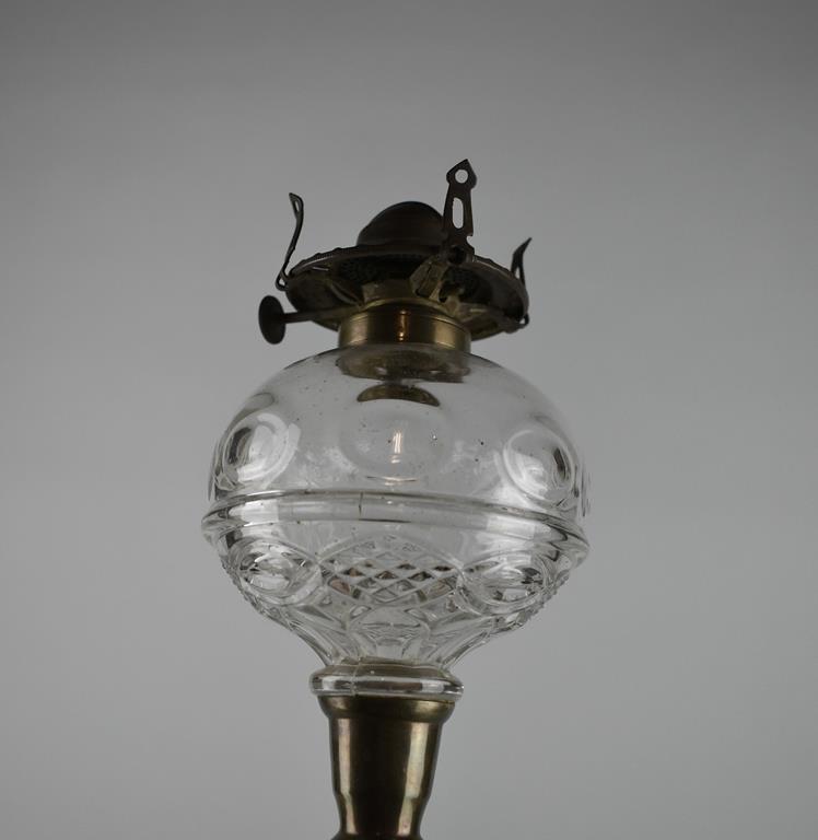 Antique Clear Glass Oil Font Lamp with Brass Column & Stone Base
