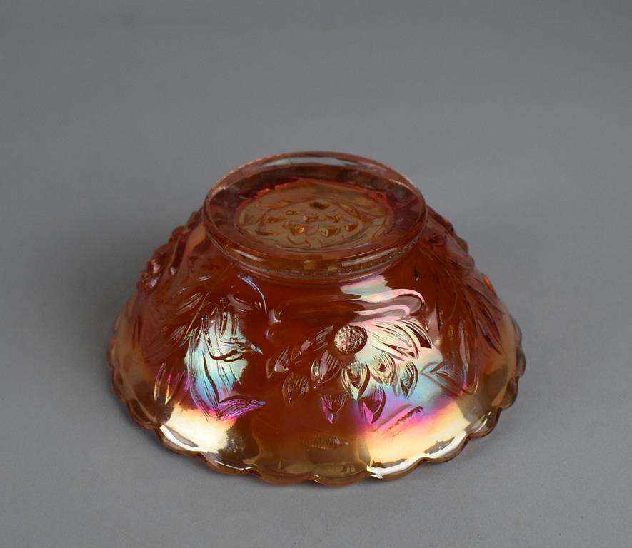 Lot of Seven Small Marigold Carnival Glass Bowls of Various Patterns & Makers