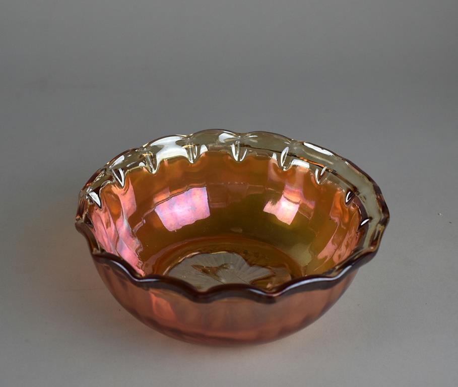 Lot of Seven Small Marigold Carnival Glass Bowls of Various Patterns & Makers