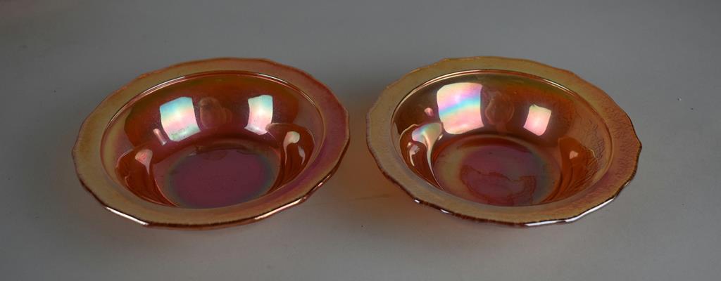 Lot of Seven Small Marigold Carnival Glass Bowls of Various Patterns & Makers