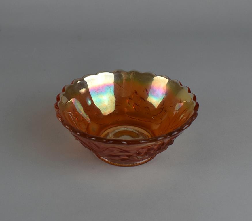 Lot of Seven Small Marigold Carnival Glass Bowls of Various Patterns & Makers
