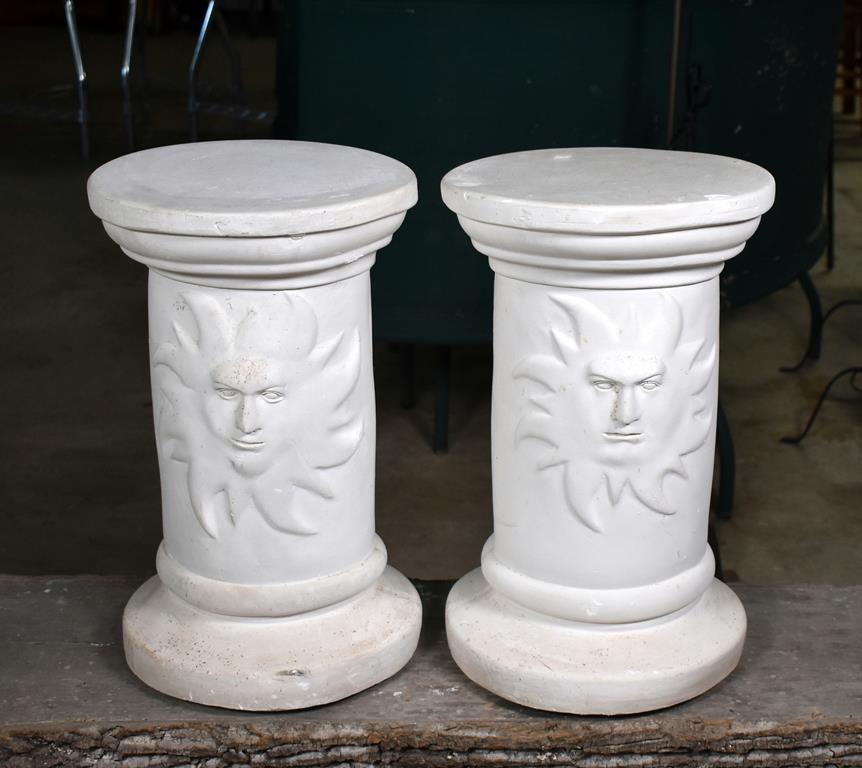 Pair of White Chalkware Plant Stands with Sun Mask Motif