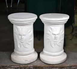 Pair of White Chalkware Plant Stands with Sun Mask Motif