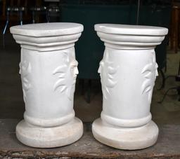 Pair of White Chalkware Plant Stands with Sun Mask Motif