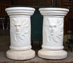 Pair of White Chalkware Plant Stands with Sun Mask Motif