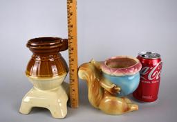 Two Vintage Planters: Pot Bellied Stove & Squirrel with Acorn