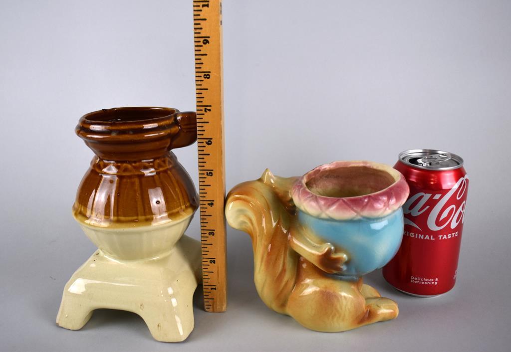 Two Vintage Planters: Pot Bellied Stove & Squirrel with Acorn