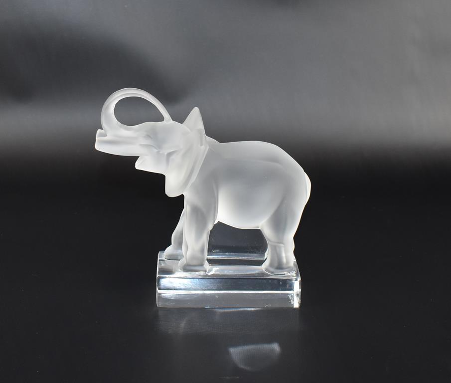 Lalique Elephant Figurine on Base, 6” H, Signed, France
