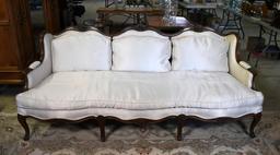 French Louis XV Style Carved Walnut Wingback Sofa/Divan with Like New Neutral Upholstery