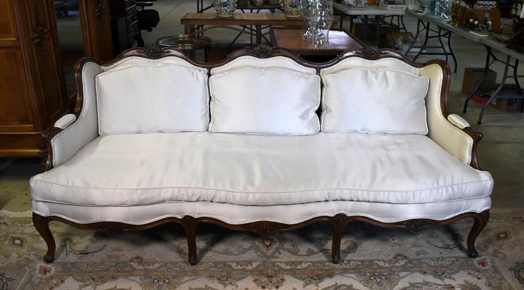 French Louis XV Style Carved Walnut Wingback Sofa/Divan with Like New Neutral Upholstery