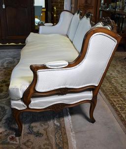 French Louis XV Style Carved Walnut Wingback Sofa/Divan with Like New Neutral Upholstery