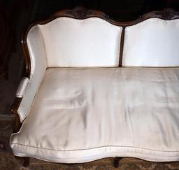 French Louis XV Style Carved Walnut Wingback Sofa/Divan with Like New Neutral Upholstery