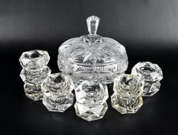 Clear Crystal Lot: Lidded & Footed Candy Dish & Eleven Individual Salts