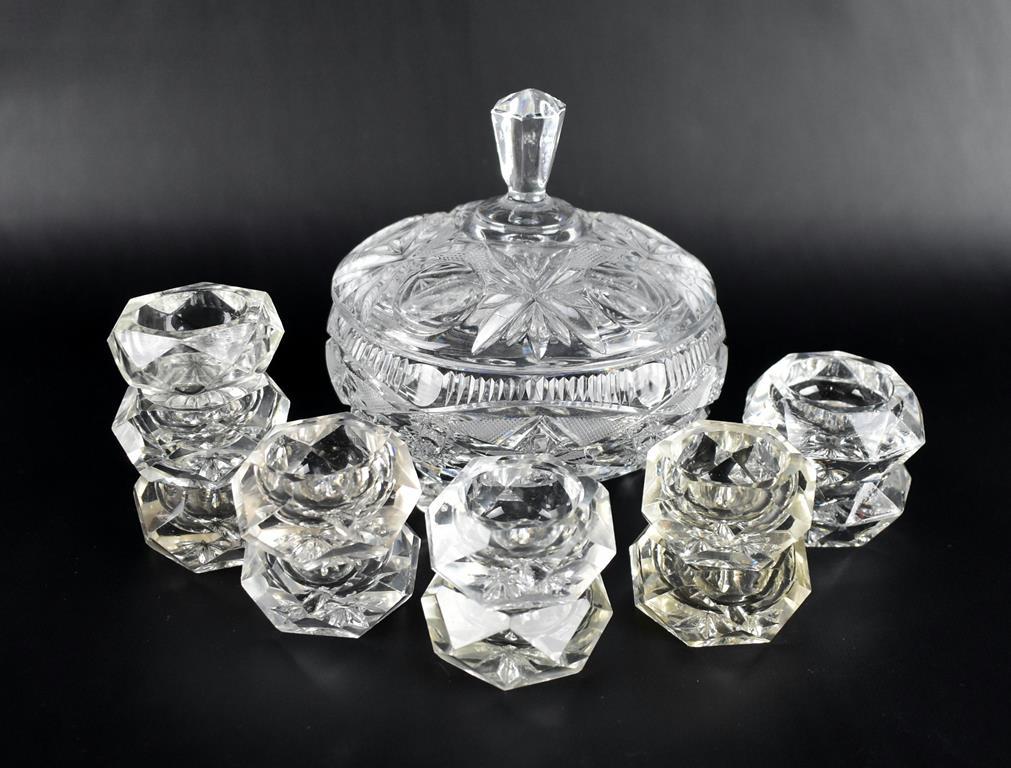 Clear Crystal Lot: Lidded & Footed Candy Dish & Eleven Individual Salts